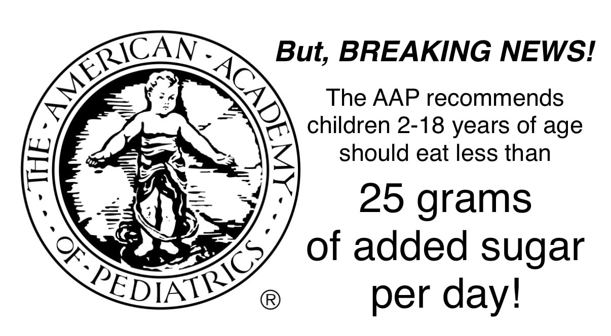 But, BREAKING NEWS! The American Academy of Pediatrics recommends children 2-18 years of age should eat less than 25 grams of added sugar per day!