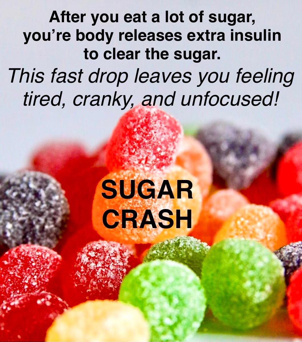 Sugar Crash — the fast drop in blood sugar after eating too much sugar leaves you tired, cranky, and unfocused!